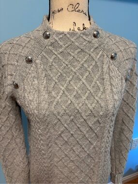 Talbots Light Gray Cable-Knit Crew Sweater with Shoulder Buttons